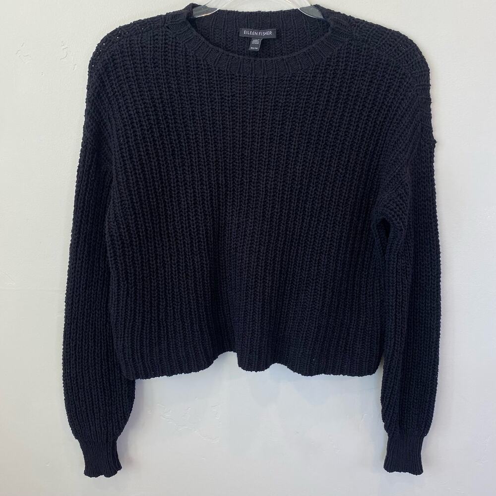 Eileen Fisher Organic Cotton Rib Knit Oversized Shaker Sweater pullover xs black